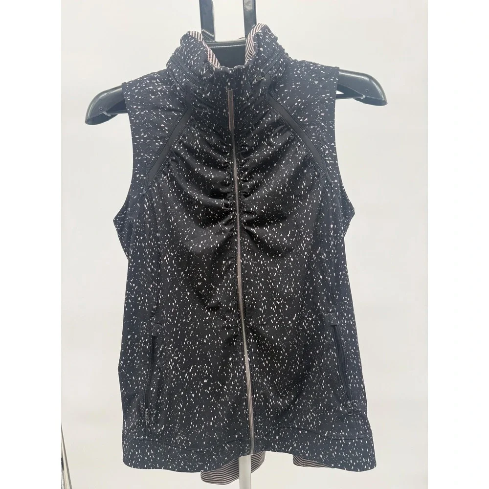 Lululemon Run For Gold Vest Black White Speckled Ruched Hooded Full Zip Women 10